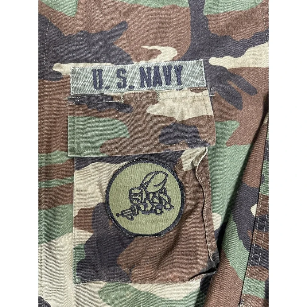 US‎ Navy Jacket Large Long Woodland Camo Field Coat Seabees Patches Military